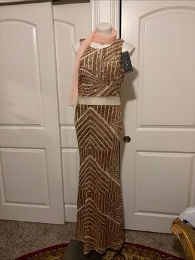 Eva Sequin Two-Piece Dress in Gold and Nude